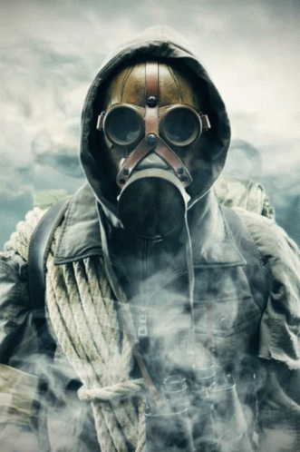 Gas Mask Metal Cage White Smoke GIF
