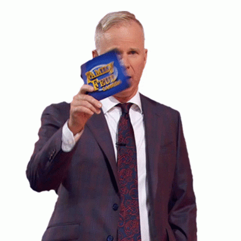 Gerry Dee Holding Blue Card Survey Says GIF