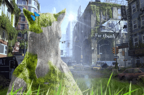 Ghost Town With Buildings Covered With Vegetation GIF