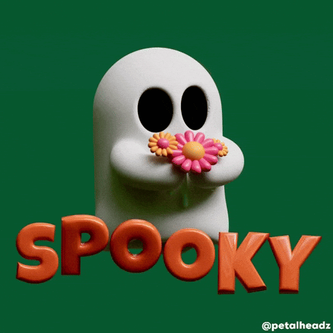 Ghost with Flowers in Mouth Saying Spooky