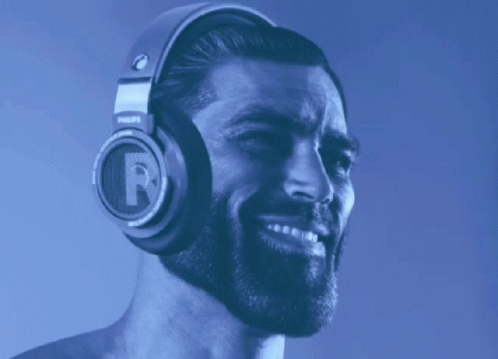 Gigachad Meme With Headphones And Colorful Lights GIF