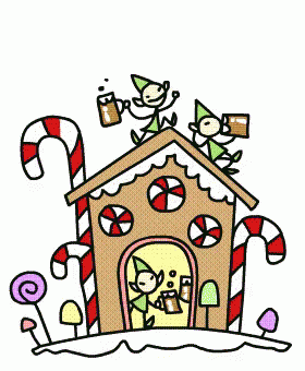 Gingerbread House With Candy Canes And Elves GIF