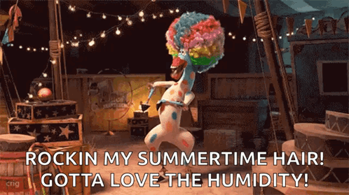 Giraffe in Clown Wig Dancing Rockin My Summertime Hair Gotta Love the Humidity