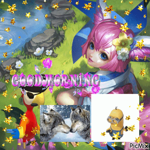 Girl and Animals Saying Good Morning