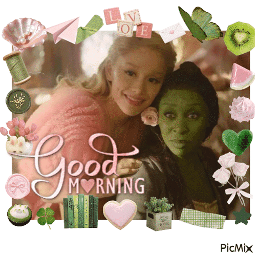 Girl and Green Woman Good Morning