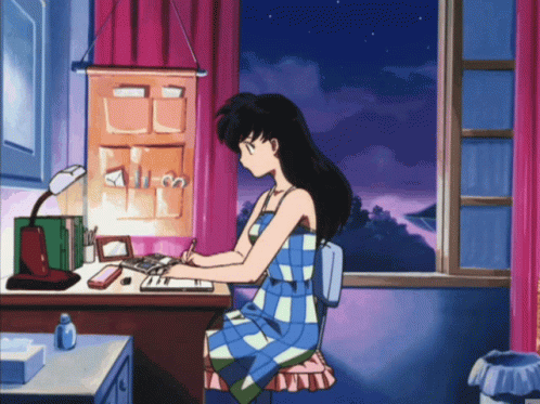 Girl at Desk by Window With Pink Curtain
