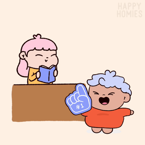 Girl at Desk With Laptop and Foam Finger Saying 1