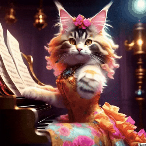 Girl Cat Piano Wearing Dress GIF