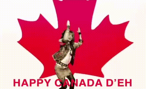 Girl Dancing In Front Of Maple Leaf Saying Happy Canada D Eh GIF