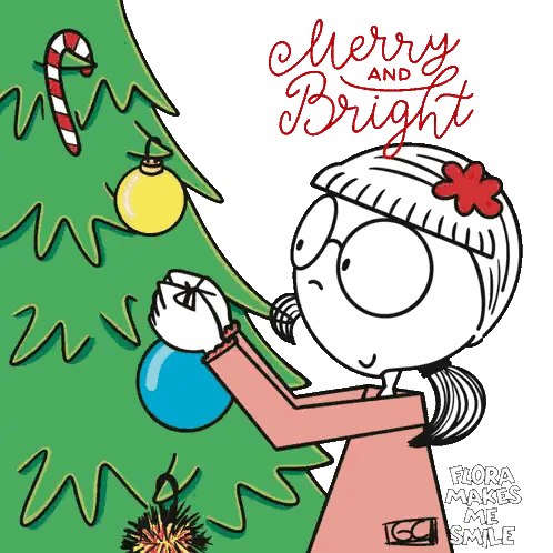 Girl Decorating Christmas Tree Merry Bright
