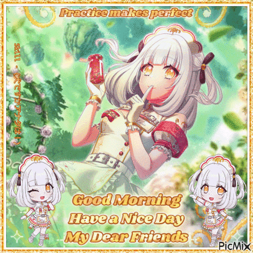 Girl Drinking Straw Saying Practice Makes Perfect Good Morning Have a Nice Day My Dear Fri