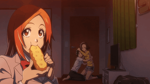 Girl Eating Donut With Hugging Man And Woman GIF