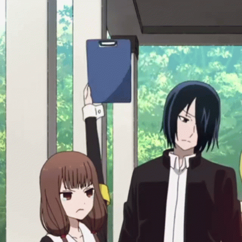 Girl Holding Clipboard Overhead With Man GIF