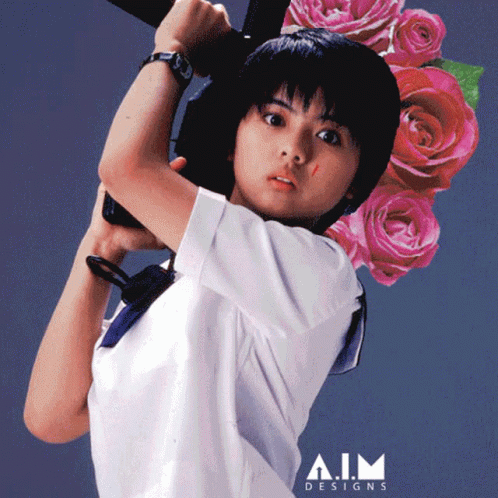 Girl Holding Gun In Front Of Pink Roses GIF