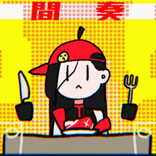 Girl Holding Knife and Fork With Chinese Writing