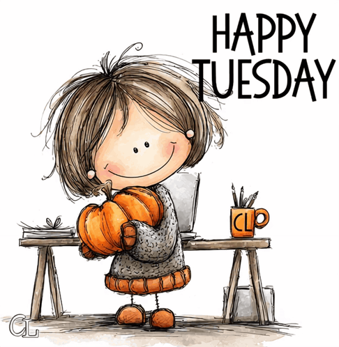 Girl Holding Pumpkin Happy Tuesday