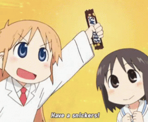 Girl Holding Snickers Bar Another Says Have a Snickers
