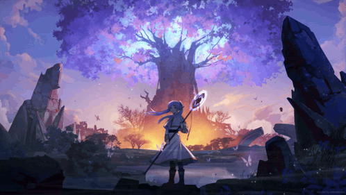 Girl Holding Staff in Front of Tree