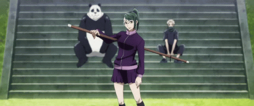 Girl Holding Stick Beside Panda and Man
