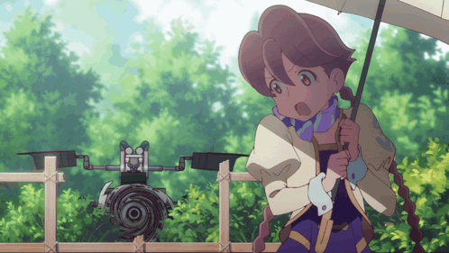 Girl Holding Umbrella In Front Of Robot GIF