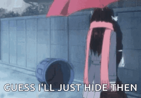 Girl Holding Umbrella in Rain Says Guess I'll Just Hide Then