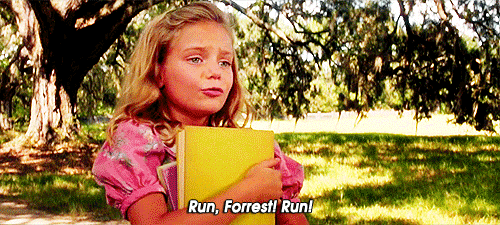 Girl Holding Yellow Book Saying Run Forrest Run