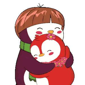 Girl Hugging Penguin with Flower Face