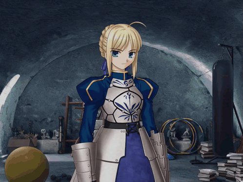Girl In Armor Standing In Dark Room GIF