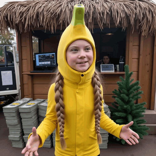 Girl in Banana Costume Standing Before Bills