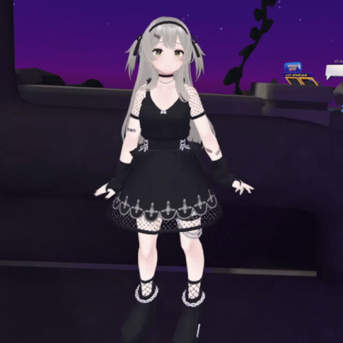 Girl In Black Dress In Front Of Arcade Sign GIF