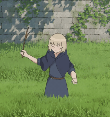 Girl in Blue Cape Holding Stick in Grass