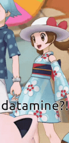 Girl in Blue Dress and White Hat Beside Man in Polka Dot Shirt Saying Datamine