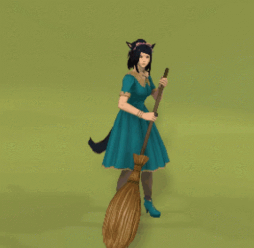 Girl in Blue Dress Holding Broom