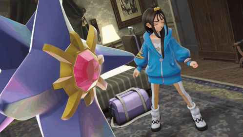 Girl In Blue Jacket In Front Of Purple Star GIF