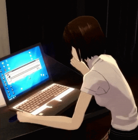 Girl in Front of Laptop Saying Windows