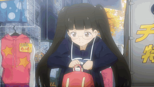 Girl In Glasses Holding Red Bag Saying Buy GIF