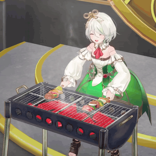 Girl in Green Dress Grilling Meat