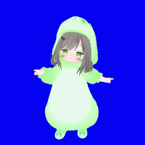 Girl In Green Frog Costume Pointing Left GIF