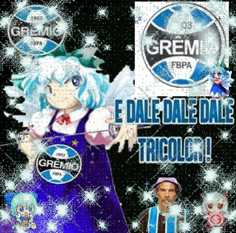 Girl In Gremio Apron Holding Sword In Front Of Gremio Logo GIF