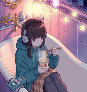Girl in Headphones Eating Ramen