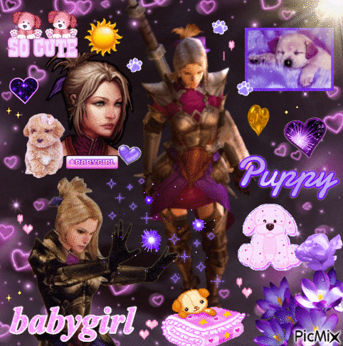 Girl in Knight Armor With Purple Hearts Saying Babygirl and Puppy