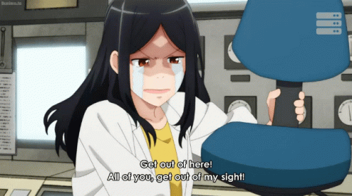 Girl In Lab Coat Holding Blue Chair Saying Get Out GIF