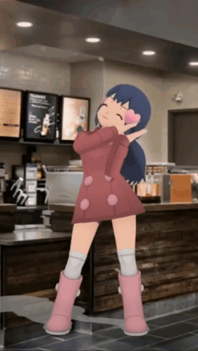 Girl in Pink Dress and Pink Boots Dancing at Starbucks