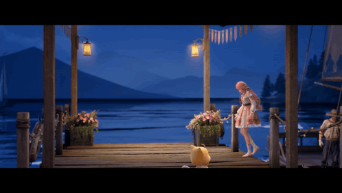 Girl in Pink Dress on Dock with Cat