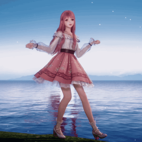Girl in Pink Dress Standing by Water