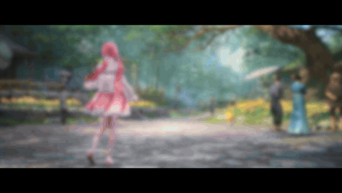 Girl In Pink Dress Walking Down Path GIF