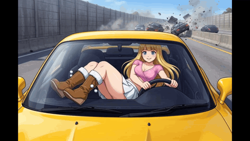 Girl in Pink Shirt Driving Yellow Car on Highway