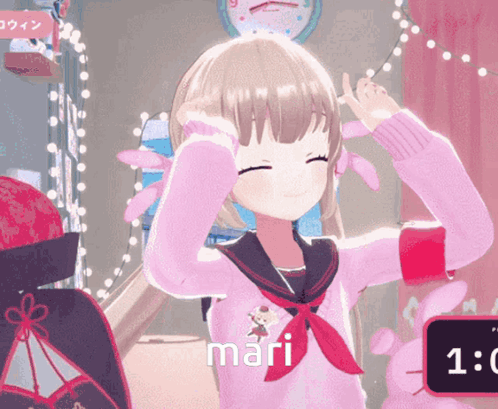 Girl in Pink Sweater and Red Tie Saying Mari