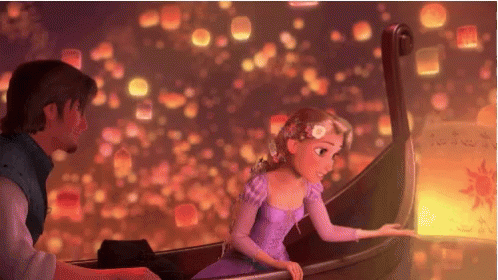 Girl In Purple Dress Sitting In Boat With Man And Lanterns GIF