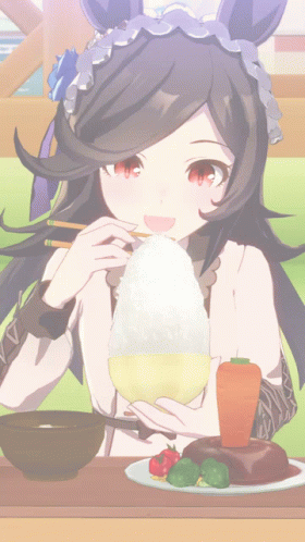 Girl in Purple Headband Eating Rice